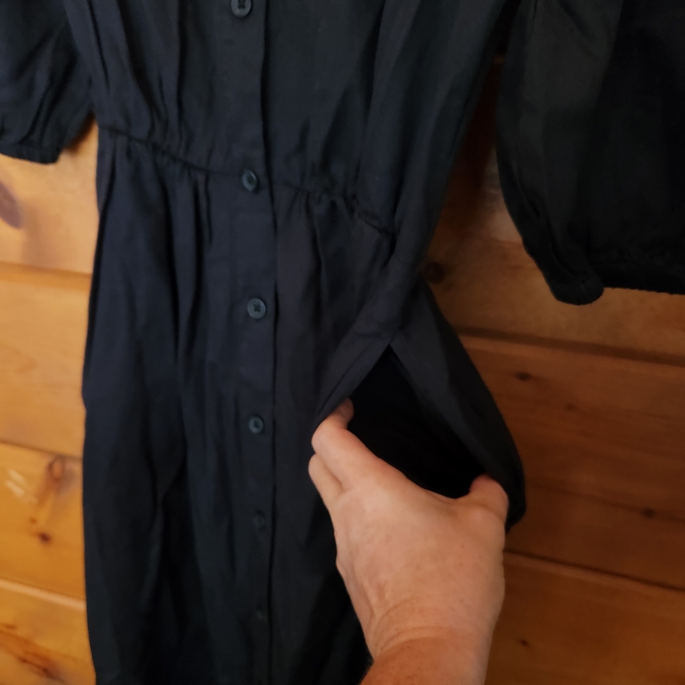 The Drop NWT Ellen Black Midi Puff Sleeve Shirt Dress Open Back Pockets Size XXS - Picture 6 of 10